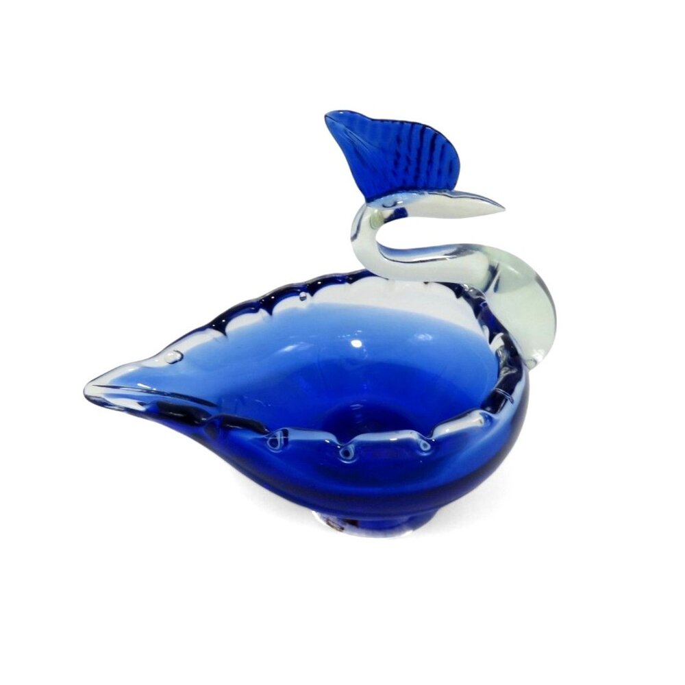 Cobalt Blue GLASS SWAN Decorative Bowl Murano Style Centrepiece 6"